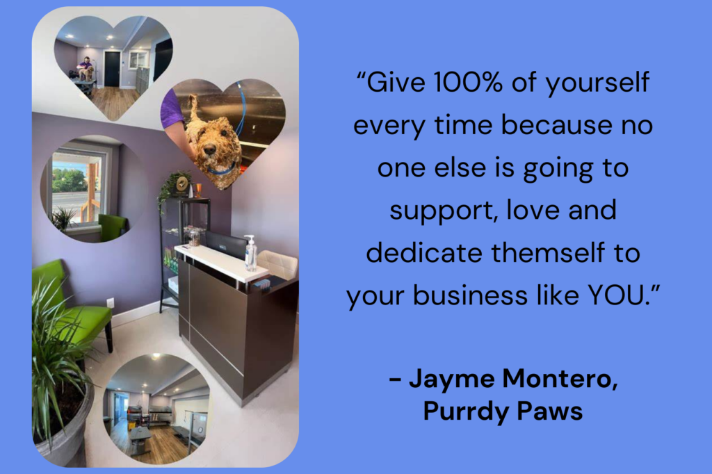 A collage of photos from pet grooming spa Purrdy Paws and advice from business owner Jayme Montero.