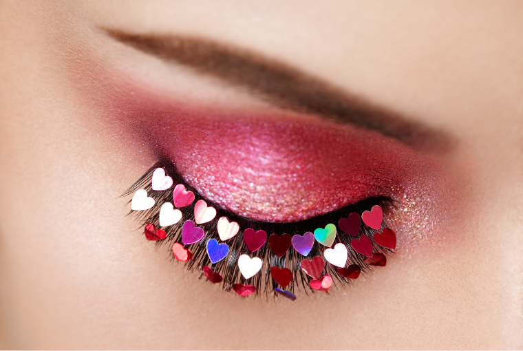 Closeup of Valentine themed eye makeup. Pinkish red eyeshadow with iridescent glitter hearts on the lashes