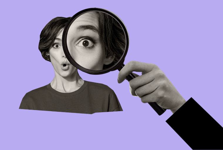 Black and white image of a woman looking through a large magnifying glass on a purple background