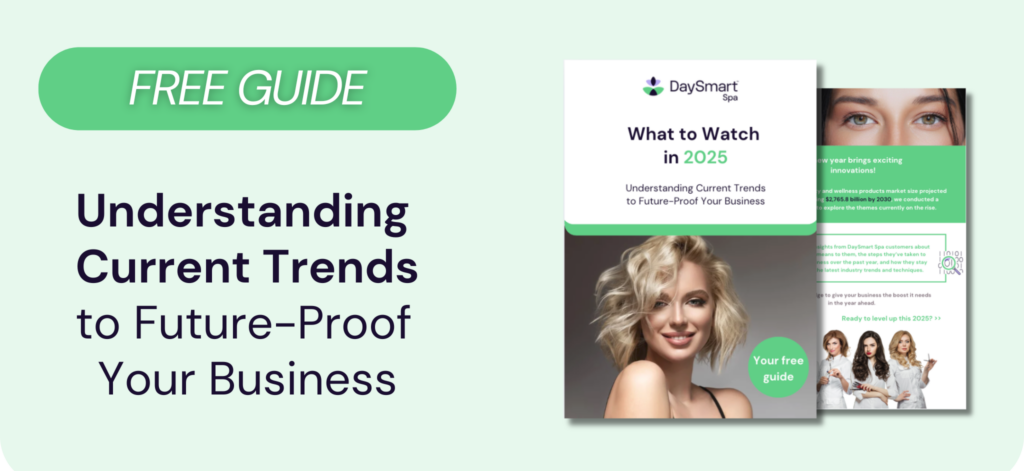 A banner highlighting DaySmart Spa's Industry Business Trends Guide for 2025 with a download button